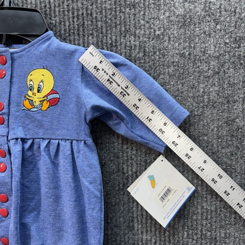 Vintage Baby Looney Tunes Romper Size 0-3 Months Blue Embroidered Snap 90s NEW - Picture 11 of 12